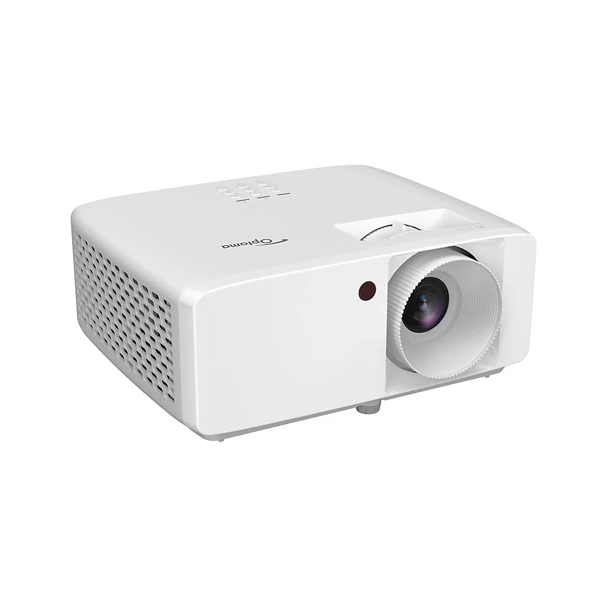 Projecteur blanc avec logo Optoma. Objectif en focus, à côté un point rouge. Grille sur le côté.