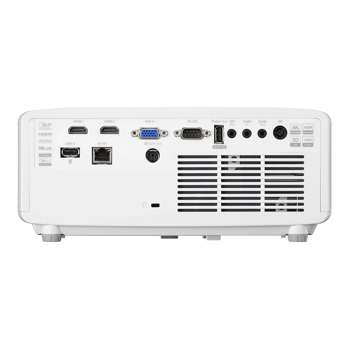 Rückseite eines weißen Projektors mit Anschlüssen für HDMI, USB, VGA und Audio.
