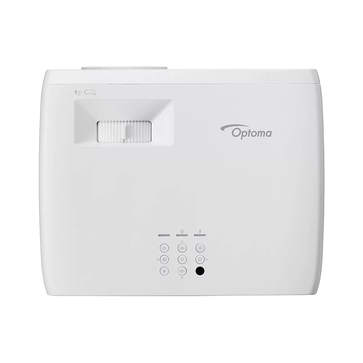 Weißer Optoma-Projektor, mit Bedienelementen und Markenlogo. Der Fokus liegt auf der Vorderseite des Geräts.