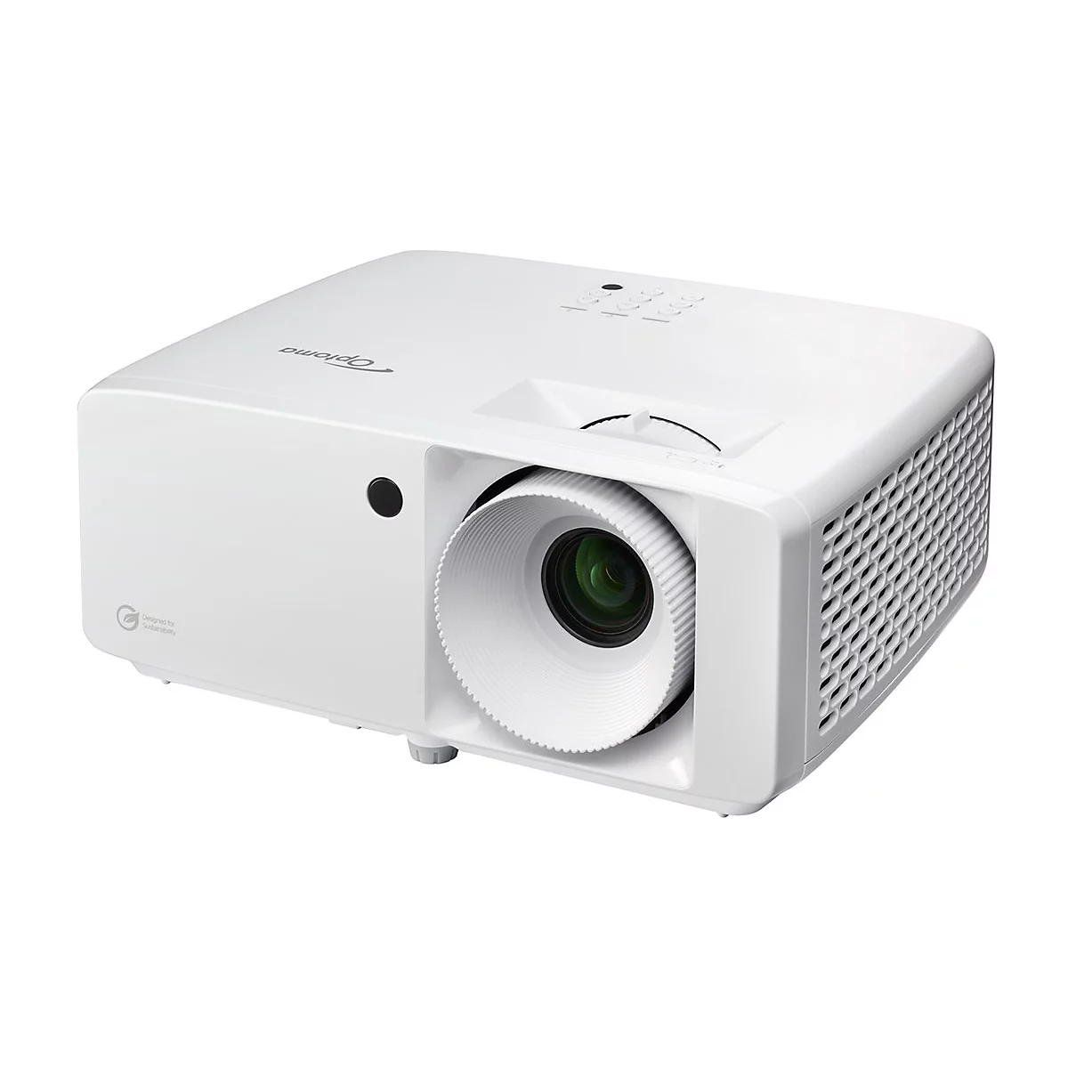 Weißer Projektor mit Optoma-Logo. Objektiv, Lüftungsschlitze und Bedienelemente sind sichtbar.