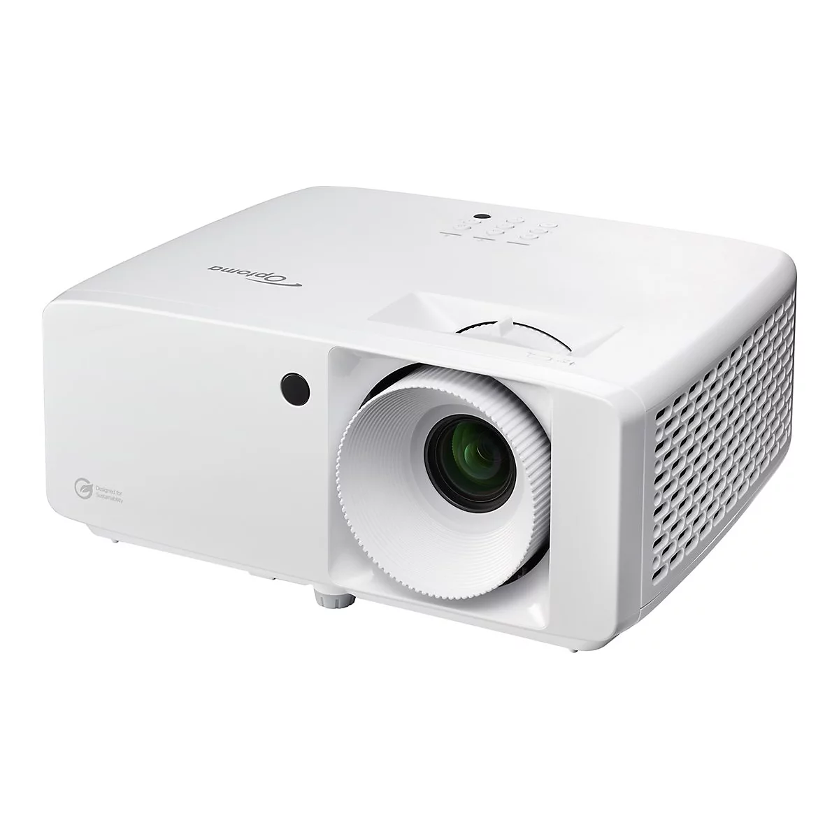Weißer Projektor, Optoma-Marke, Objektiv im Fokus.