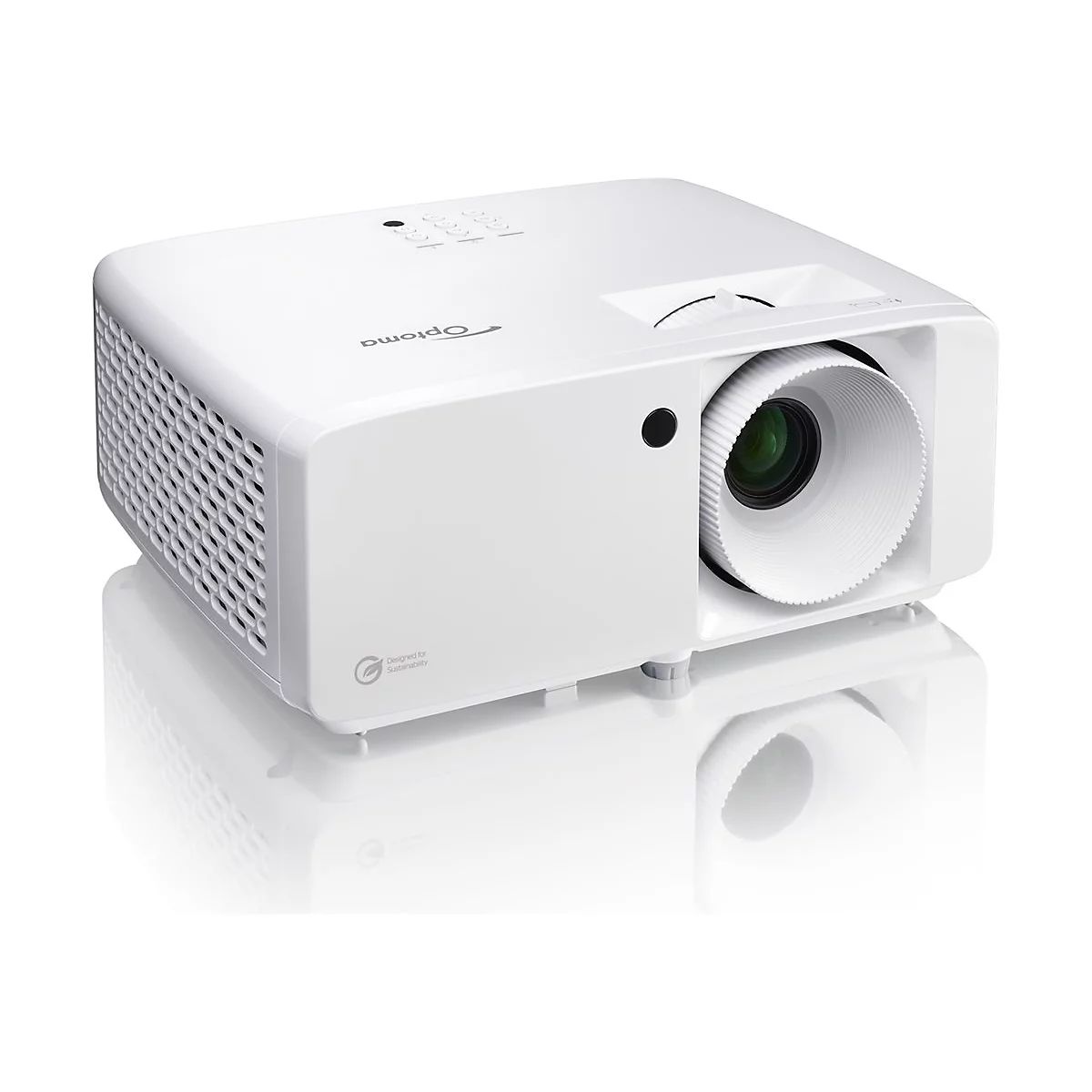 Weißer Optoma Projektor mit Linse auf der rechten Seite, isoliert vor weißem Hintergrund.