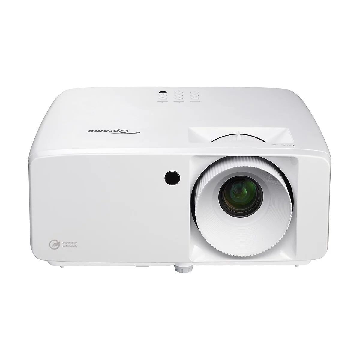 Weißer Optoma-Projektor, Detailansicht der Linse und des Gehäuses.