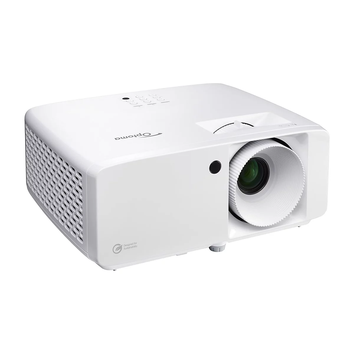 Weißer Projektor mit Optoma-Logo, Objektiv und Lüftungsschlitzen.