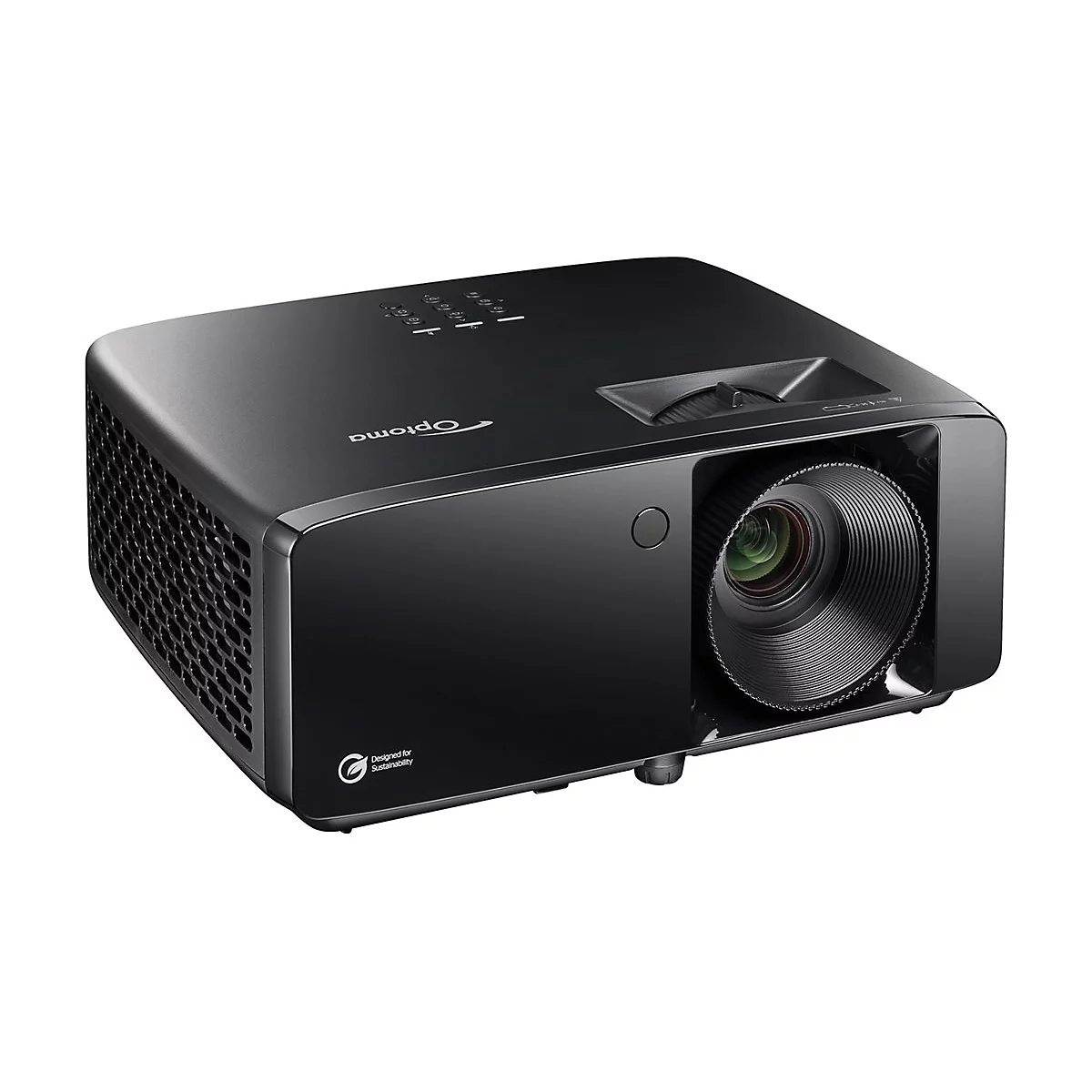Schwarzer Optoma Projektor mit prominenter Linse auf weißem Hintergrund.