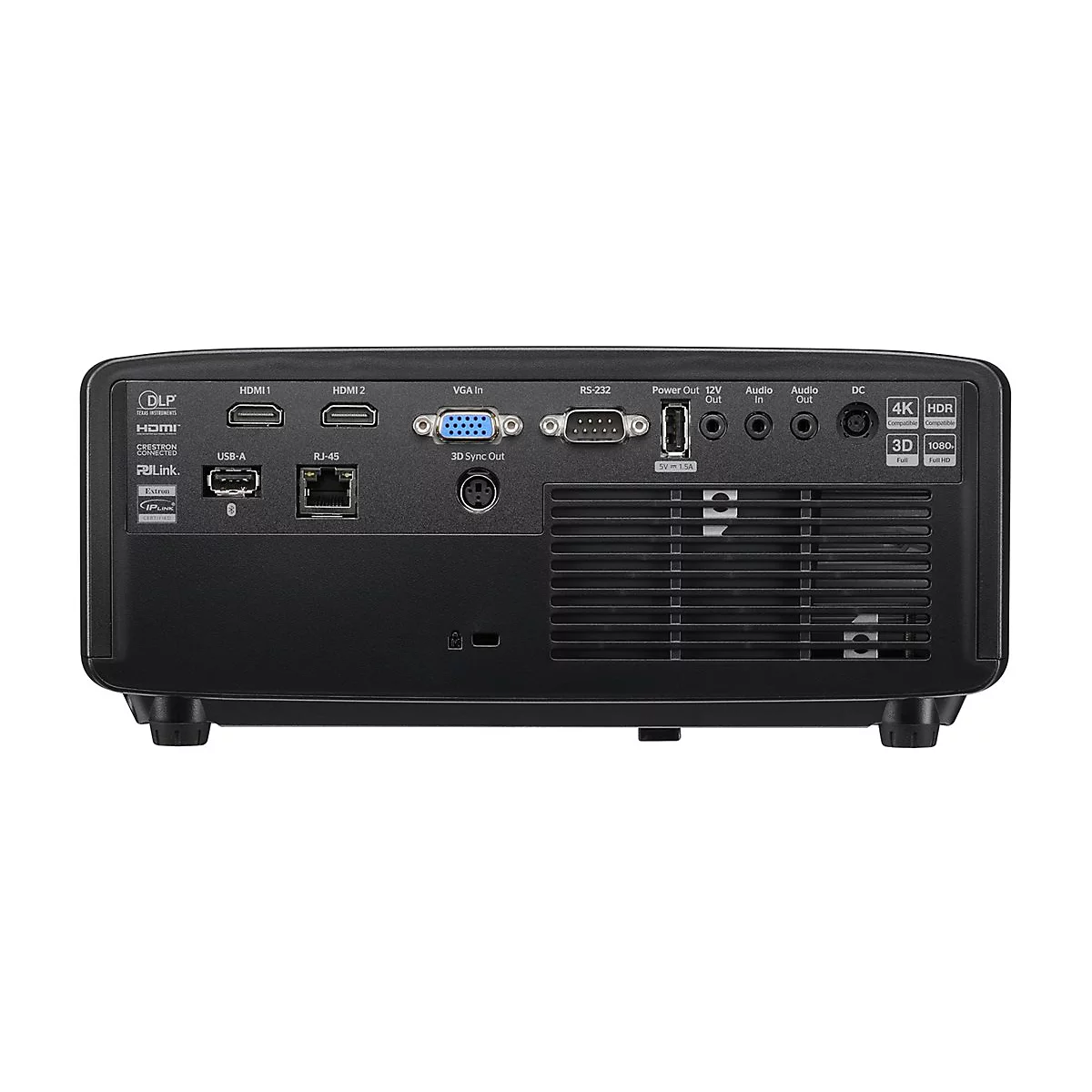 Die schwarze Rückseite eines Projektors mit verschiedenen Anschlüssen wie HDMI, USB, VGA, Audio und Netzwerk.