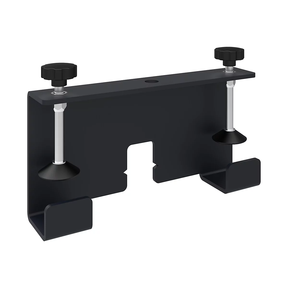 Schwarze Metallhalterung, mit zwei Drehknebeln und zwei Halterungen. Der Hintergrund ist weiß.