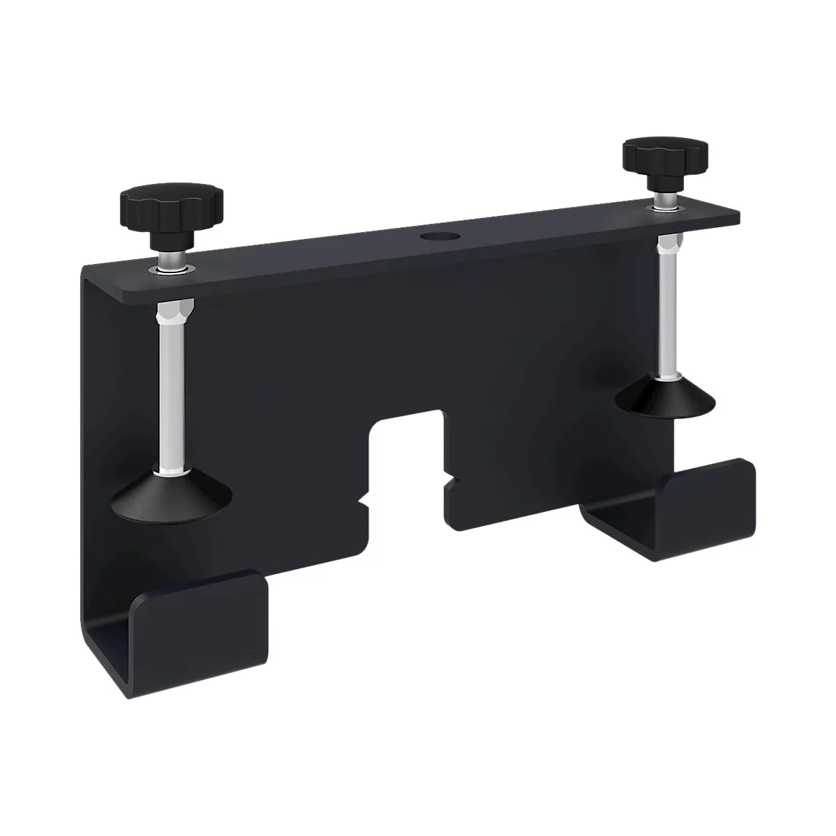 Schwarzer Metall-Halterung mit zwei schwarzen Drehknöpfen und zwei Halteklammern.