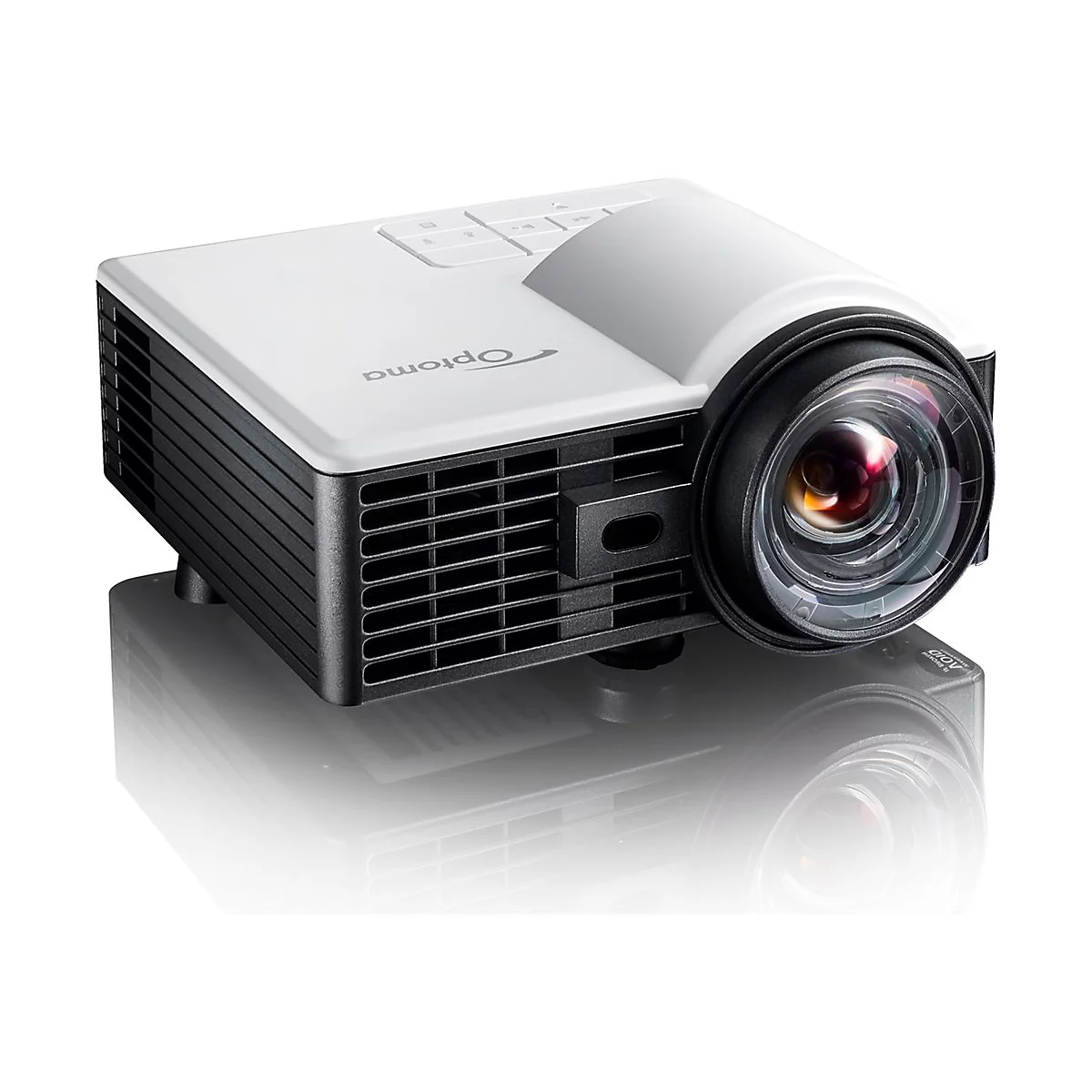Projecteur blanc et noir avec logo Optoma. L'objectif et quelques boutons sont visibles.