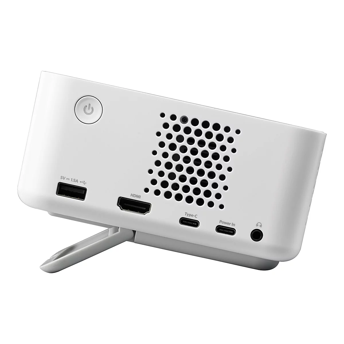 Ein weißer, kompakter Projektor mit Anschlüssen (HDMI, USB, USB-C, Audio) auf der Rückseite. Mit einem ausklappbaren Ständer.
