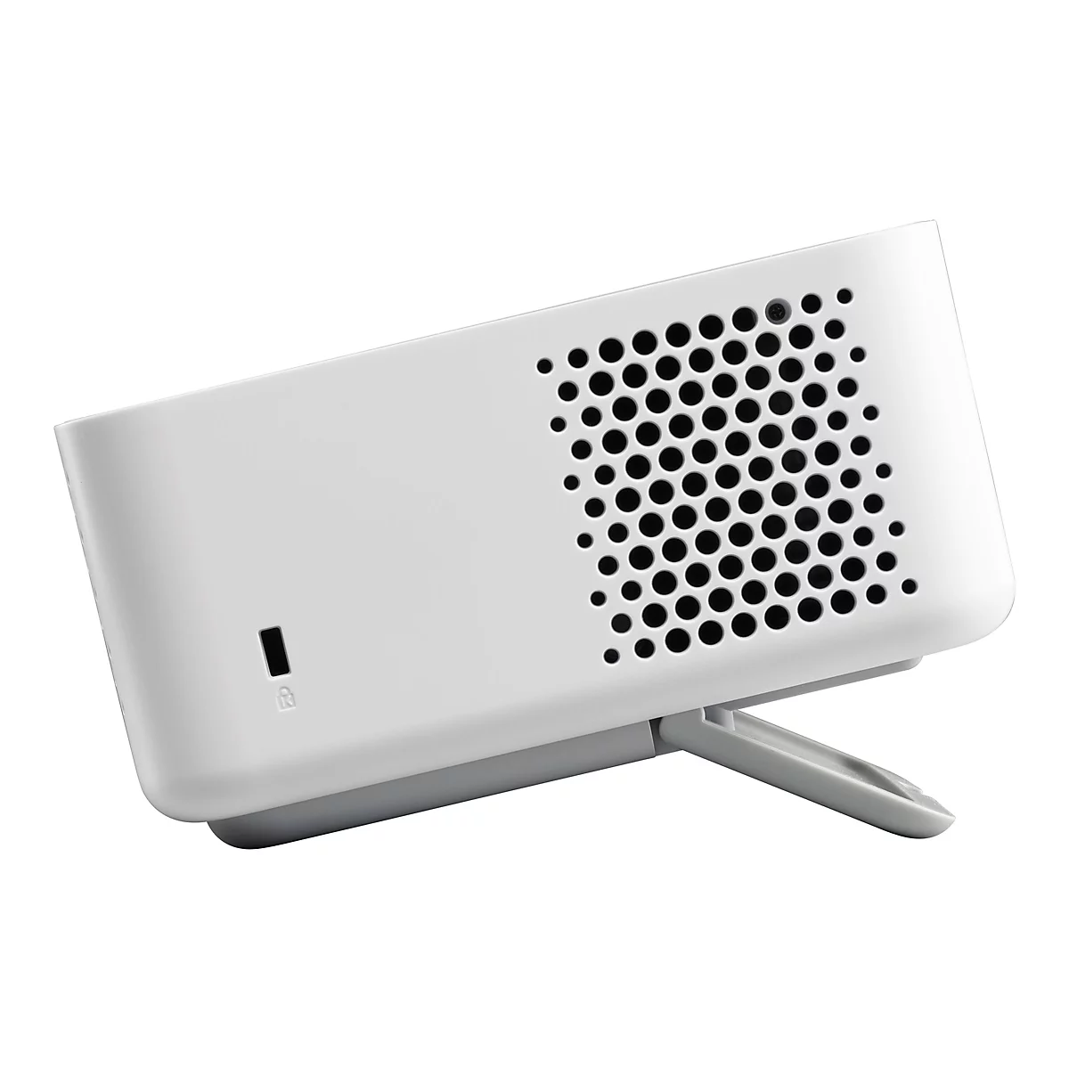 Appareil électronique blanc, avec des trous et un support.