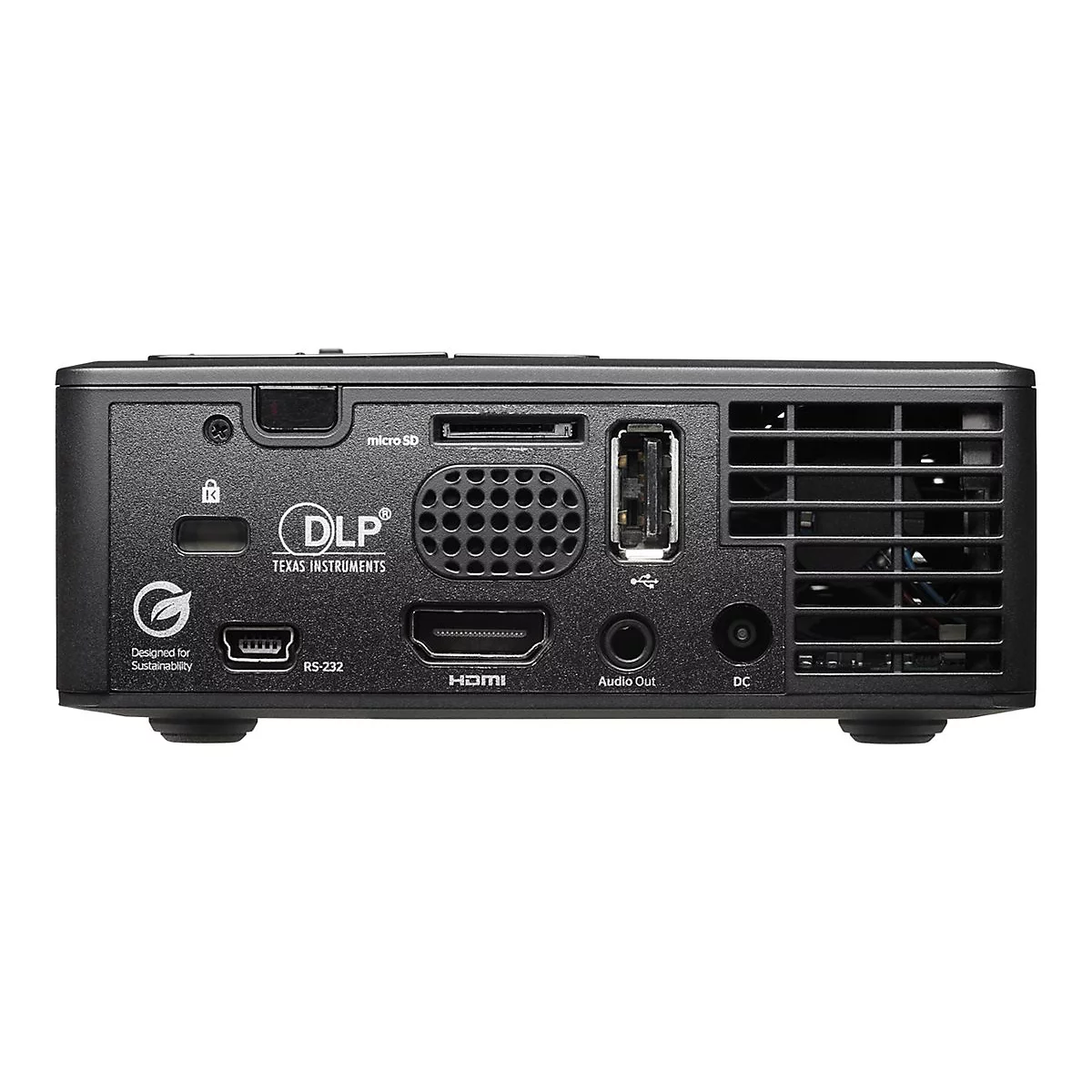 Rückseite eines schwarzen Projektors mit Anschlüssen, u.a. HDMI, USB und Audio Out. Beschriftungen: DLP, Texas Instruments, RS-232, Micro SD.