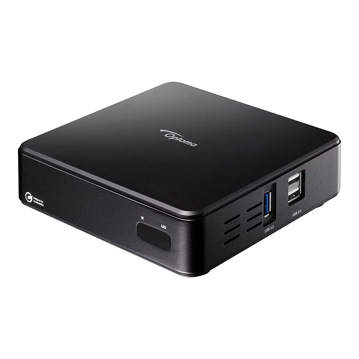Schwarze Optoma Streaming-Box mit USB-Anschlüssen, IR-Sensor und weißem Logo auf der Oberseite.