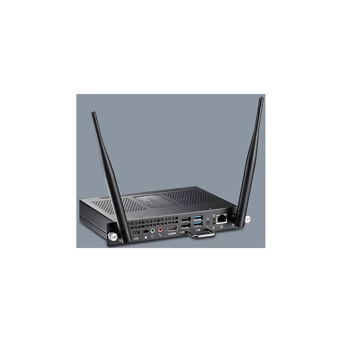 Schwarzer Mini-PC mit zwei Antennen auf grauem Hintergrund. Anschlüsse: USB, HDMI, Audio und LAN.