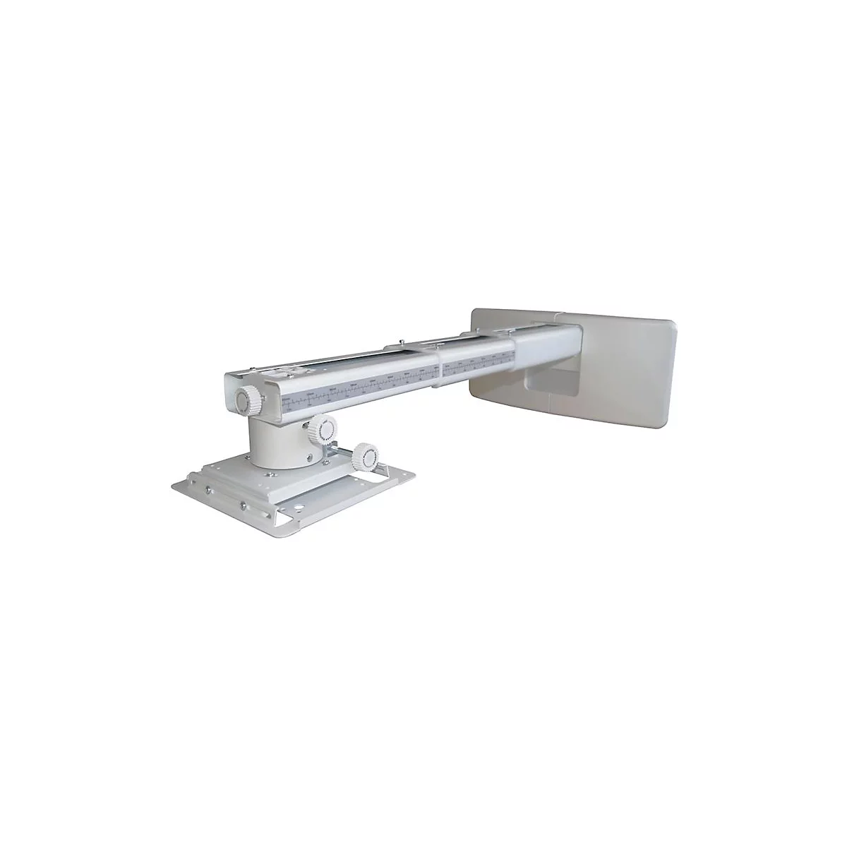 Support de projecteur blanc avec molettes de réglage et échelle.