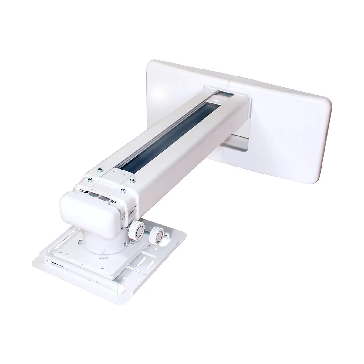 Weißer Deckenprojektorhalter mit Schwenkarm und Montageplatte.