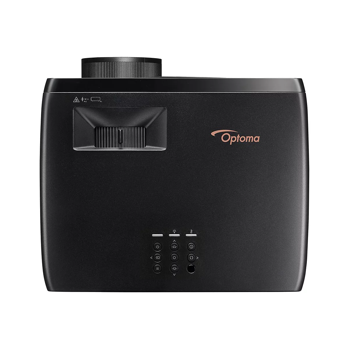 Schwarzer Optoma-Beamer mit seitlichen Bedienelementen und Markenlogo.