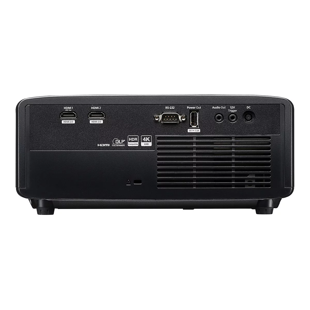 Schwarzer Projektor, Rückseite. Anschlüsse: HDMI, RS-232, Audio, Strom. Text: HDMI 2.0, HDR, 4K, DLP.