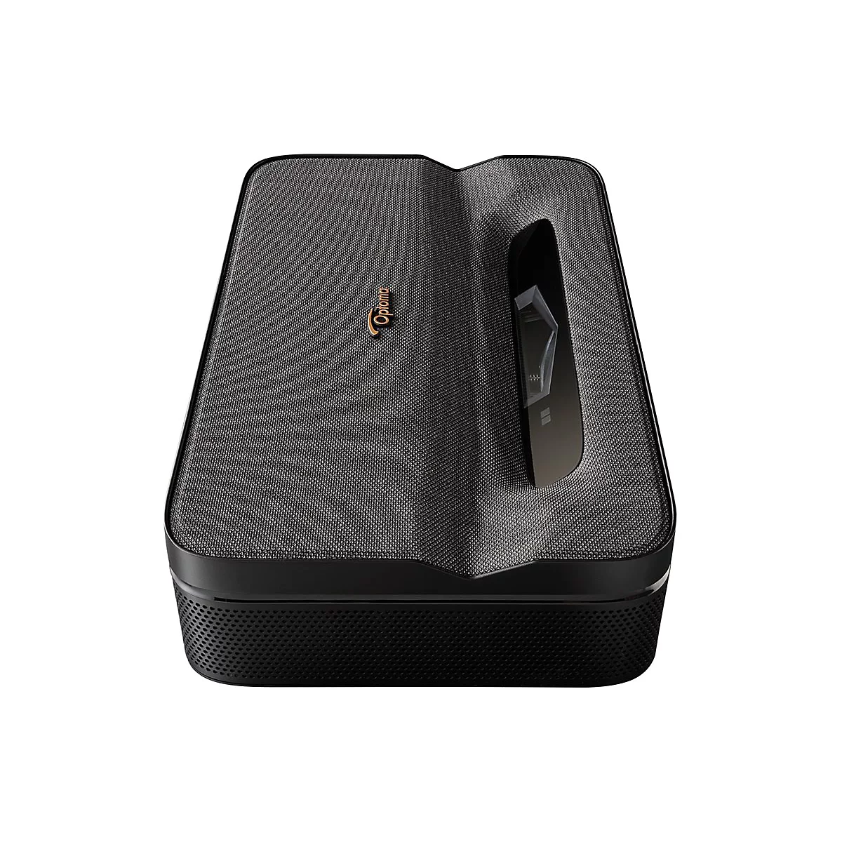 Projecteur noir avec logo Optoma. Dessus recouvert de tissu, le reste en plastique noir.