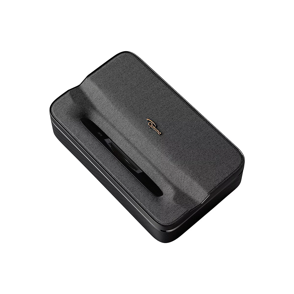 Schwarzer Projektor mit Optoma-Logo. Obere Oberfläche mit strukturiertem Stoff, dunkler Rahmen, leicht schräg dargestellt.