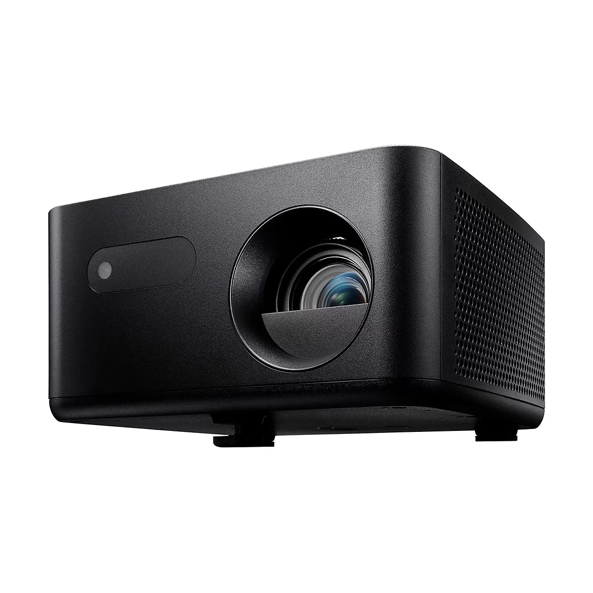 Projecteur noir sur fond blanc. L'objectif est placé au centre de l'appareil.
