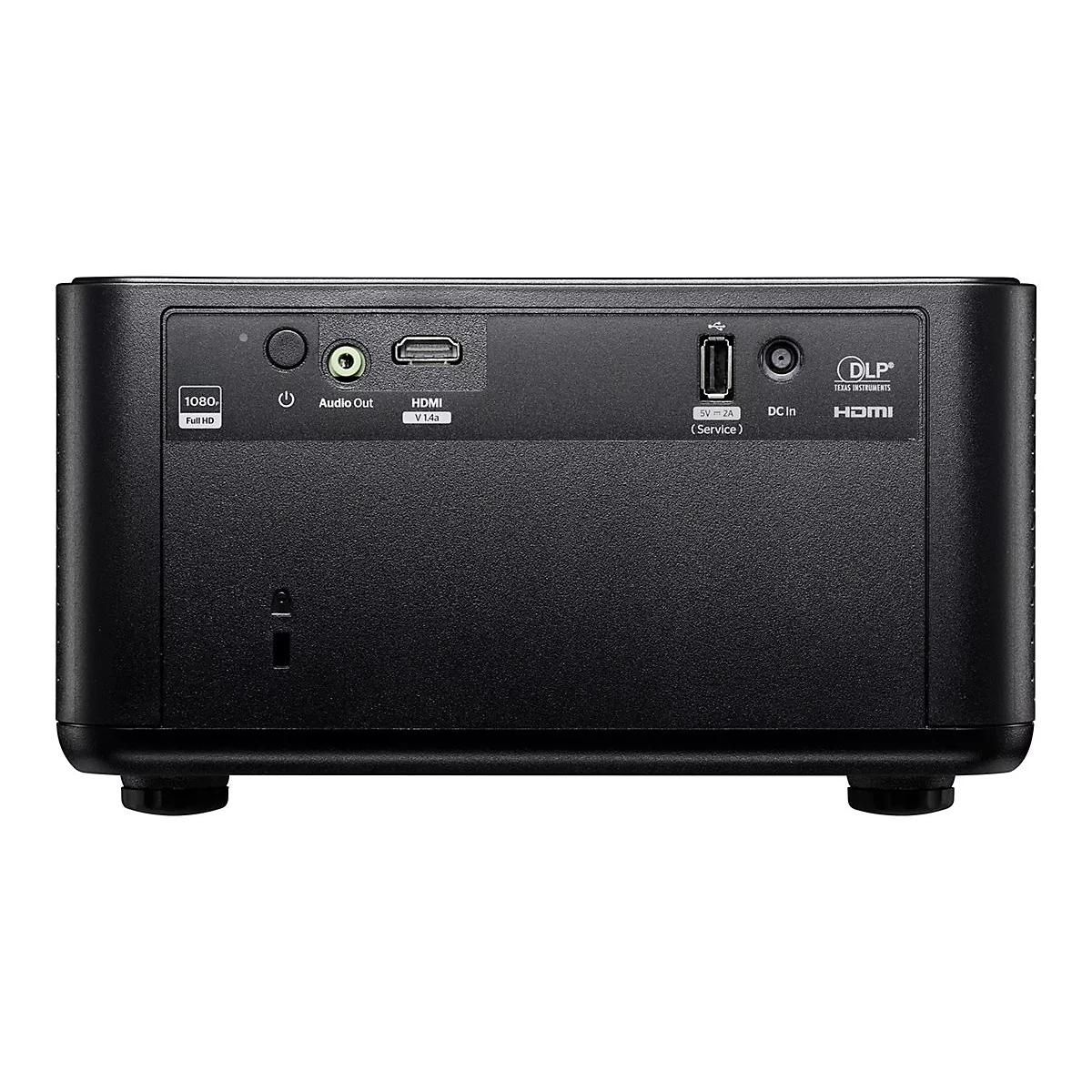Arrière d'un projecteur noir avec ports audio, HDMI, USB et alimentation. Étiquettes: Full HD, Texas Instruments, HDMI.