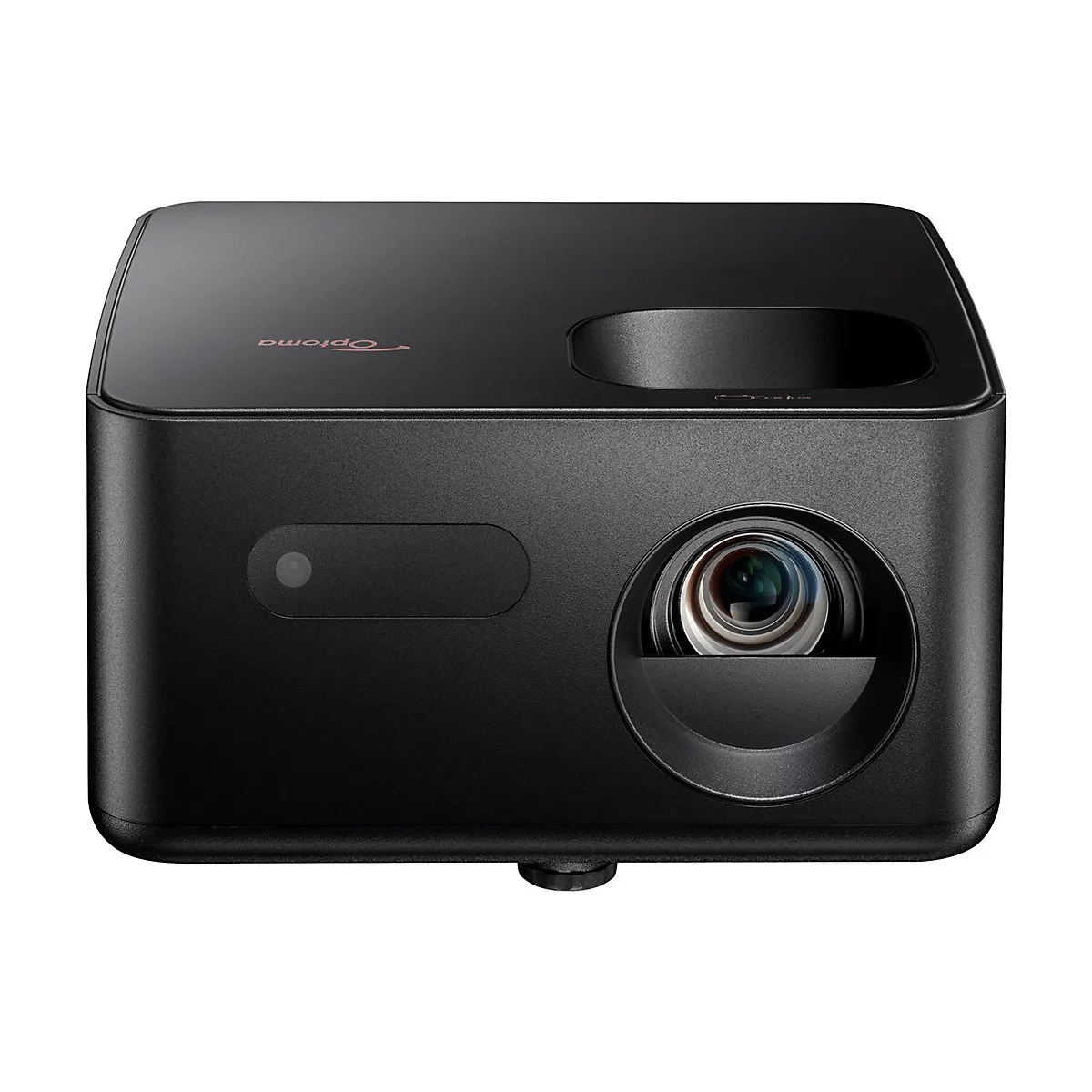 Projecteur Optoma noir, objectif à l'avant, avec le mot "optoma" au-dessus.