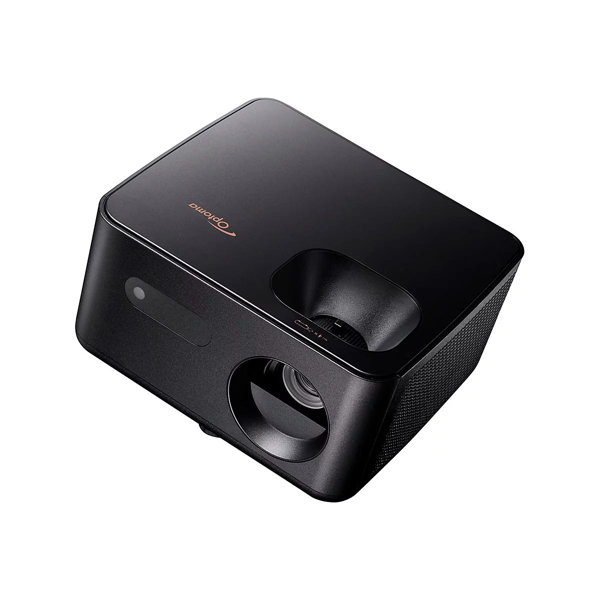Projecteur Optoma noir, de forme arrondie. Dessus avec logo de l'entreprise. Lentille et commandes visibles.