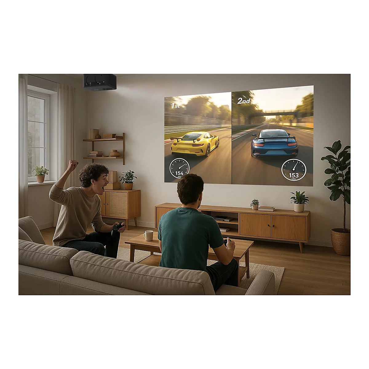 Deux hommes jouent à des jeux vidéo sur un écran. L'un applaudit, l'autre contrôle. Jeu de course, voiture jaune et bleue. Compteur de vitesse.