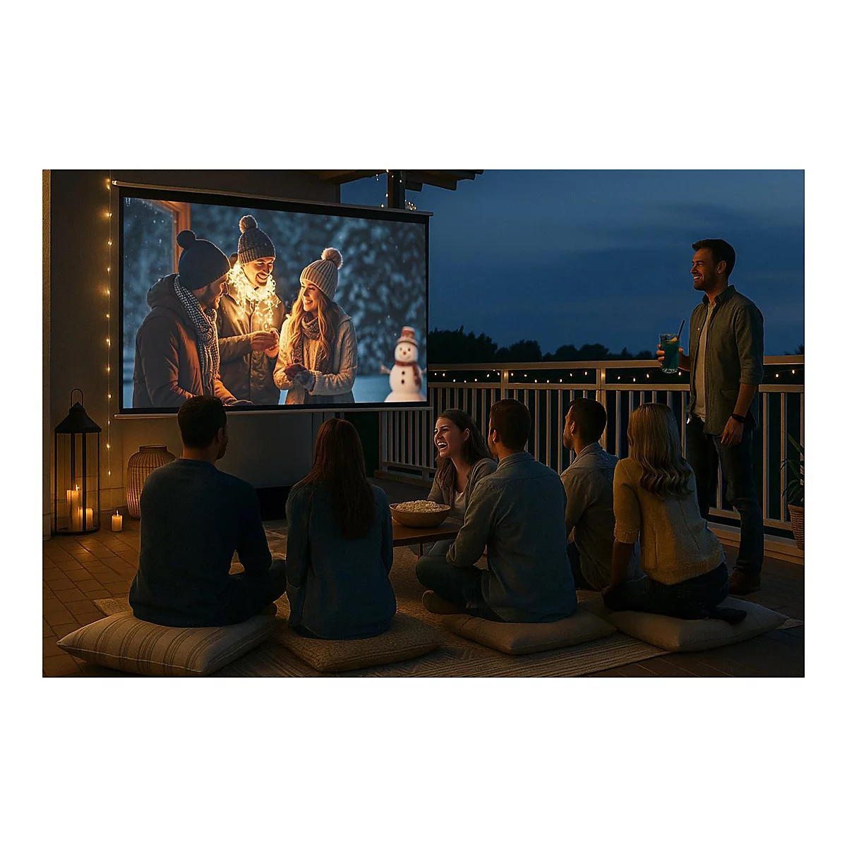 Des amis regardent un film en plein air. Sur l'écran : des personnes avec des guirlandes lumineuses dans la neige. Un homme avec un cocktail sourit.