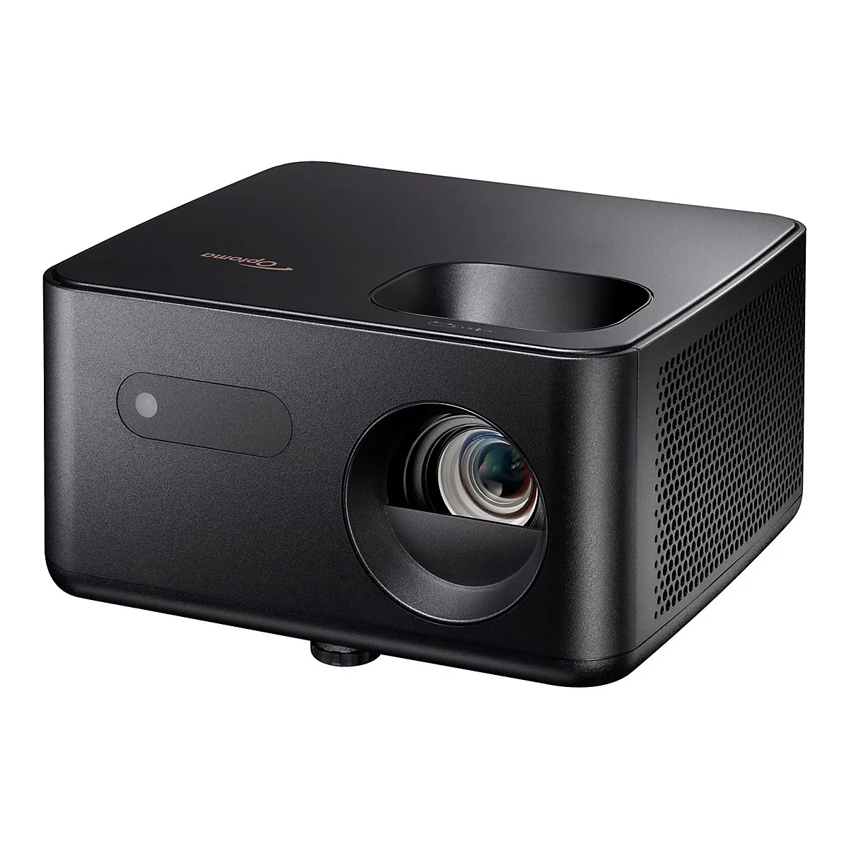 Un projecteur Optoma noir sur fond blanc. Il a un objectif, un capteur et une grille de ventilation.