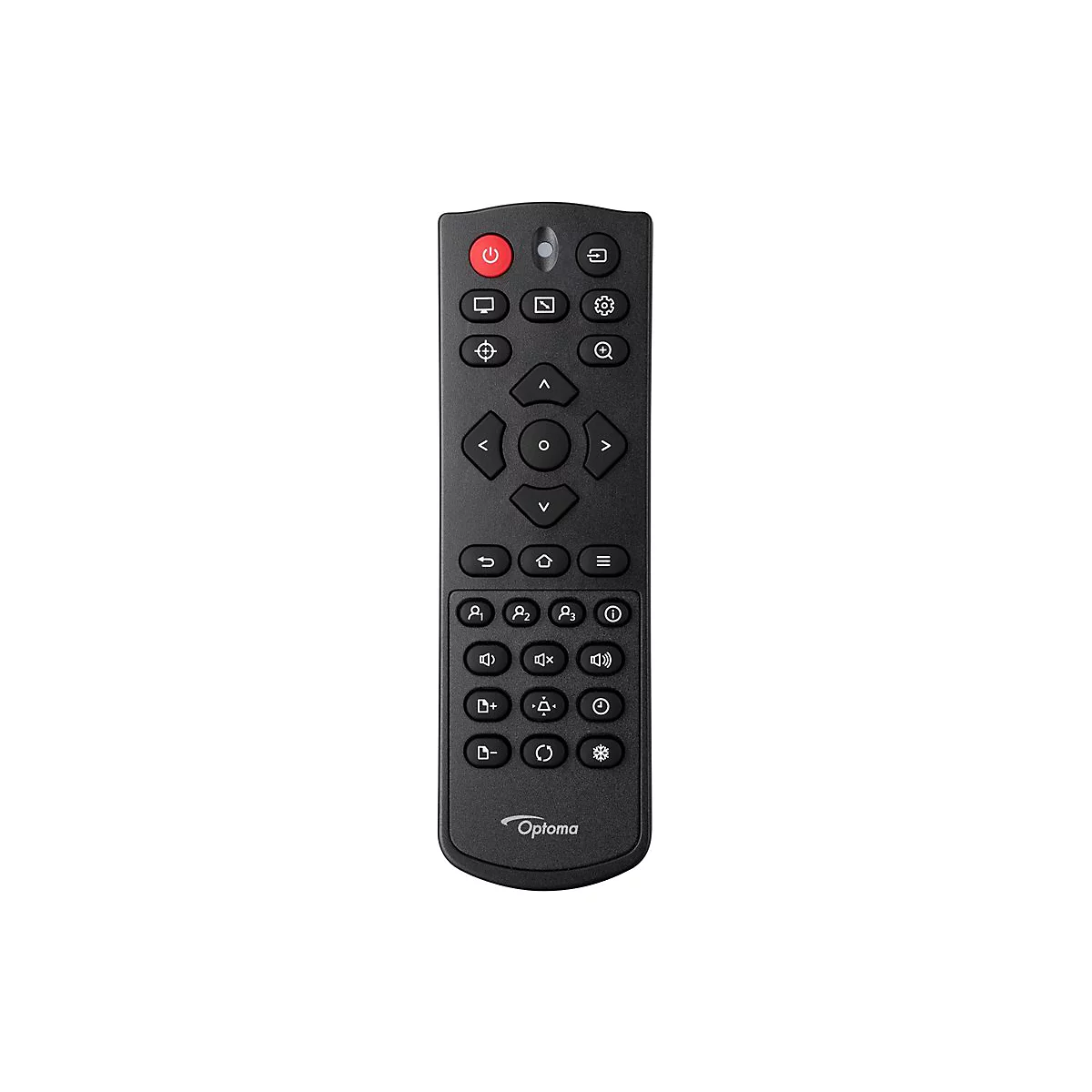 Télécommande Optoma noire, bouton marche/arrêt rouge en haut, nombreux boutons avec symboles.