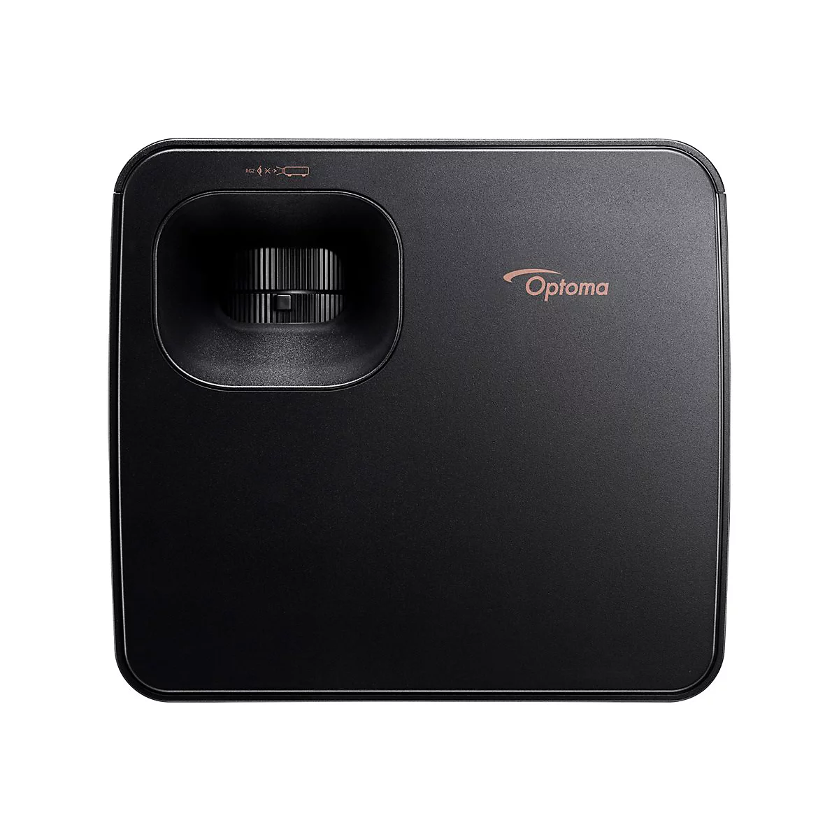 Projecteur Optoma noir, rectangulaire avec des coins arrondis. Le projecteur a une entrée et le logo Optoma.