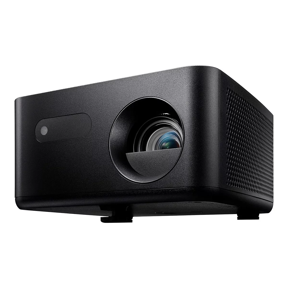 Projecteur noir, vue de face, détails de l'objectif et de la grille d'aération.