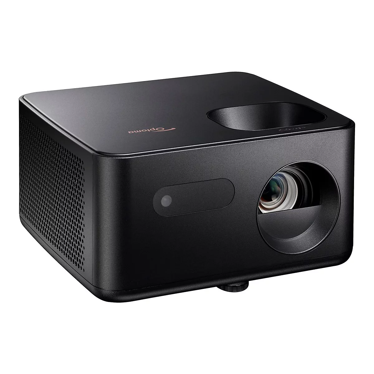 Un projecteur noir avec un logo Optoma. L'avant comporte l'objectif et un capteur. Le design est minimaliste.