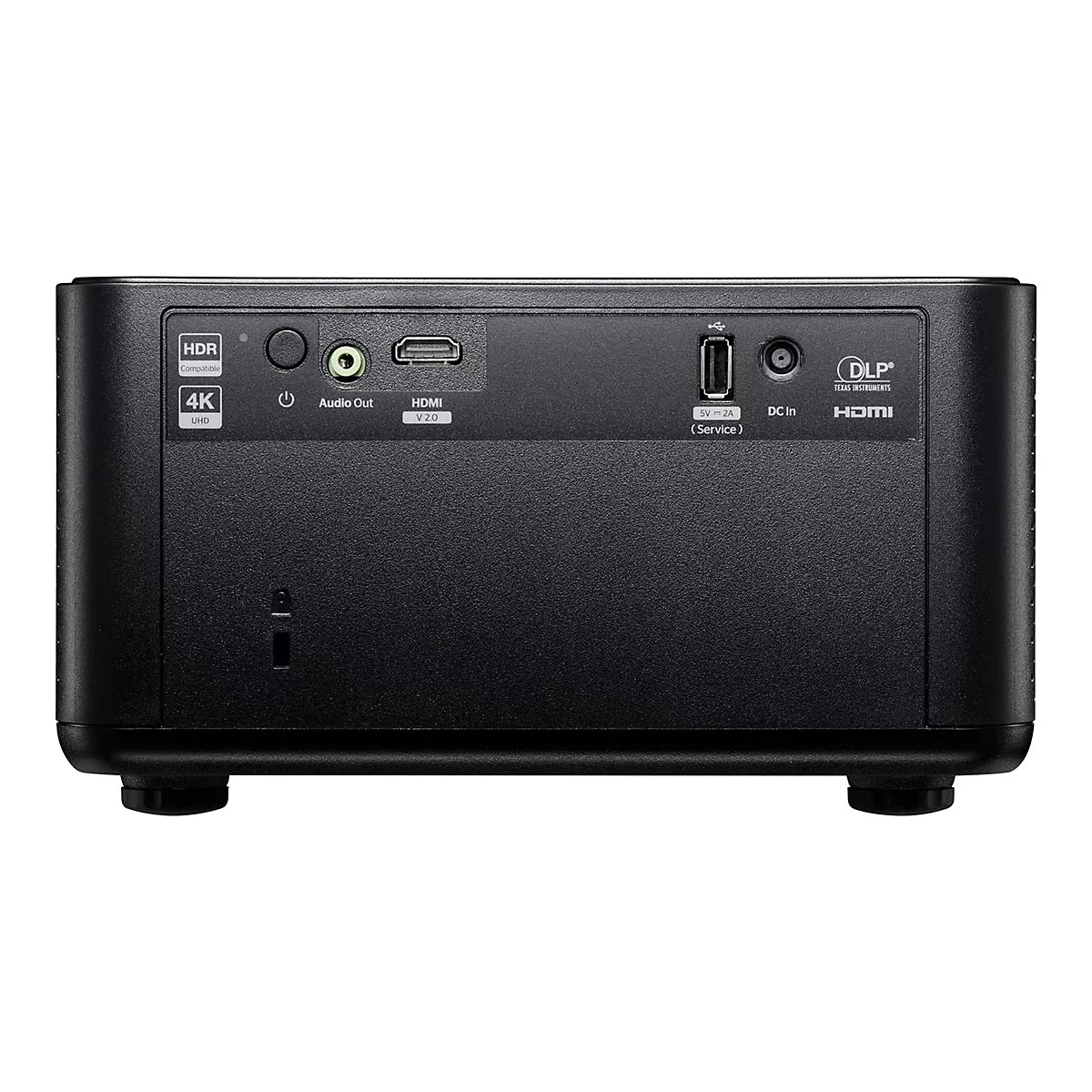 Nahaufnahme der Rückseite eines schwarzen Projektors mit Anschlüssen für HDMI, Audio und Stromversorgung. Beschriftungen: HDR, 4K, HDMI V2.0, USB, DC In.