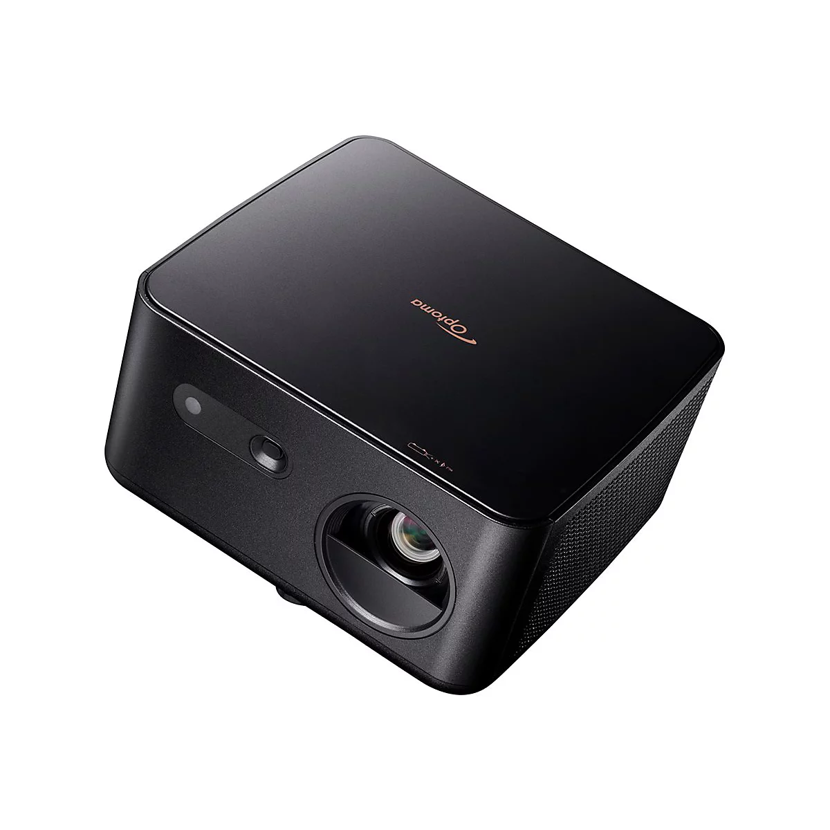 Projecteur Optoma noir. Lentille, panneau de commande et ventilation visibles.