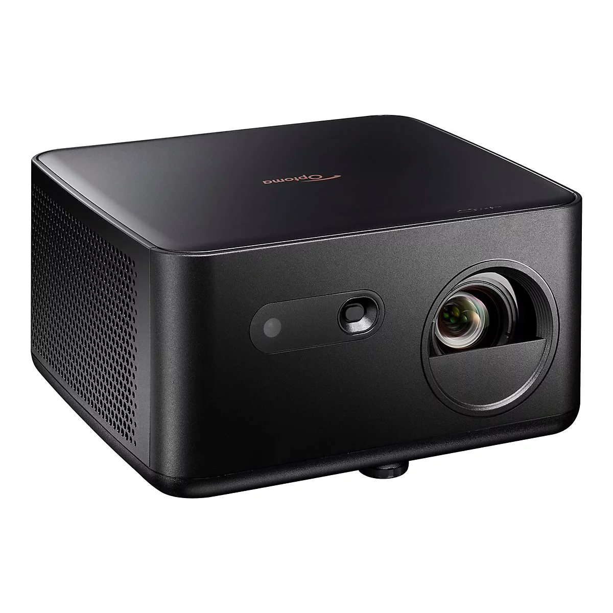 Projecteur Optoma noir sur fond blanc. Face avant avec objectif, capteur et logo.