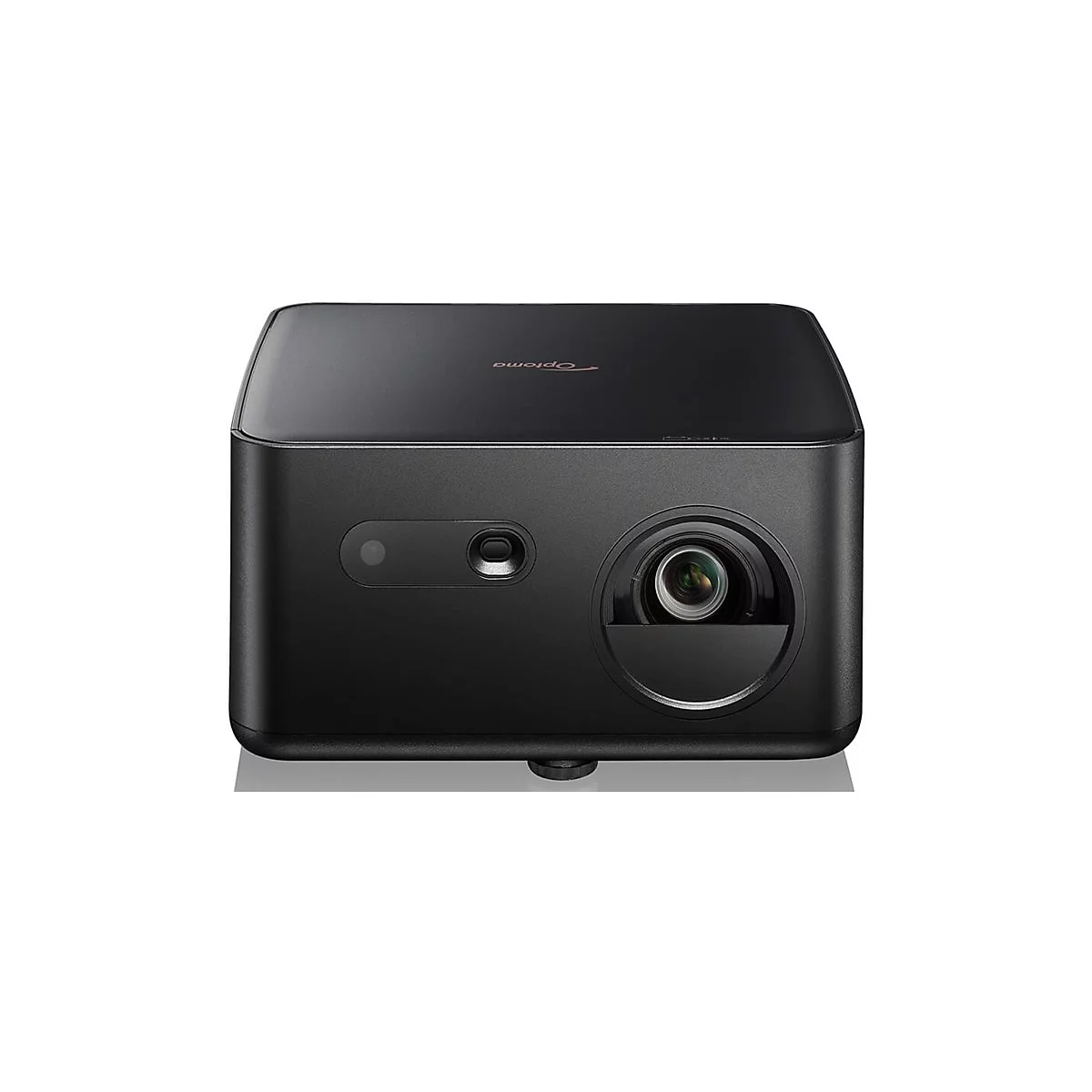 Schwarzer Projektor von Optoma, Frontansicht. Mit Objektiv, Linse und Sensoren.