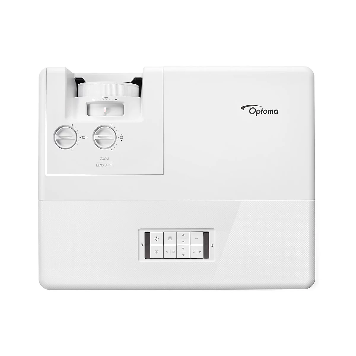Projecteur Optoma blanc, haut avec commandes de zoom et de décalage de l'objectif, et logo Optoma.
