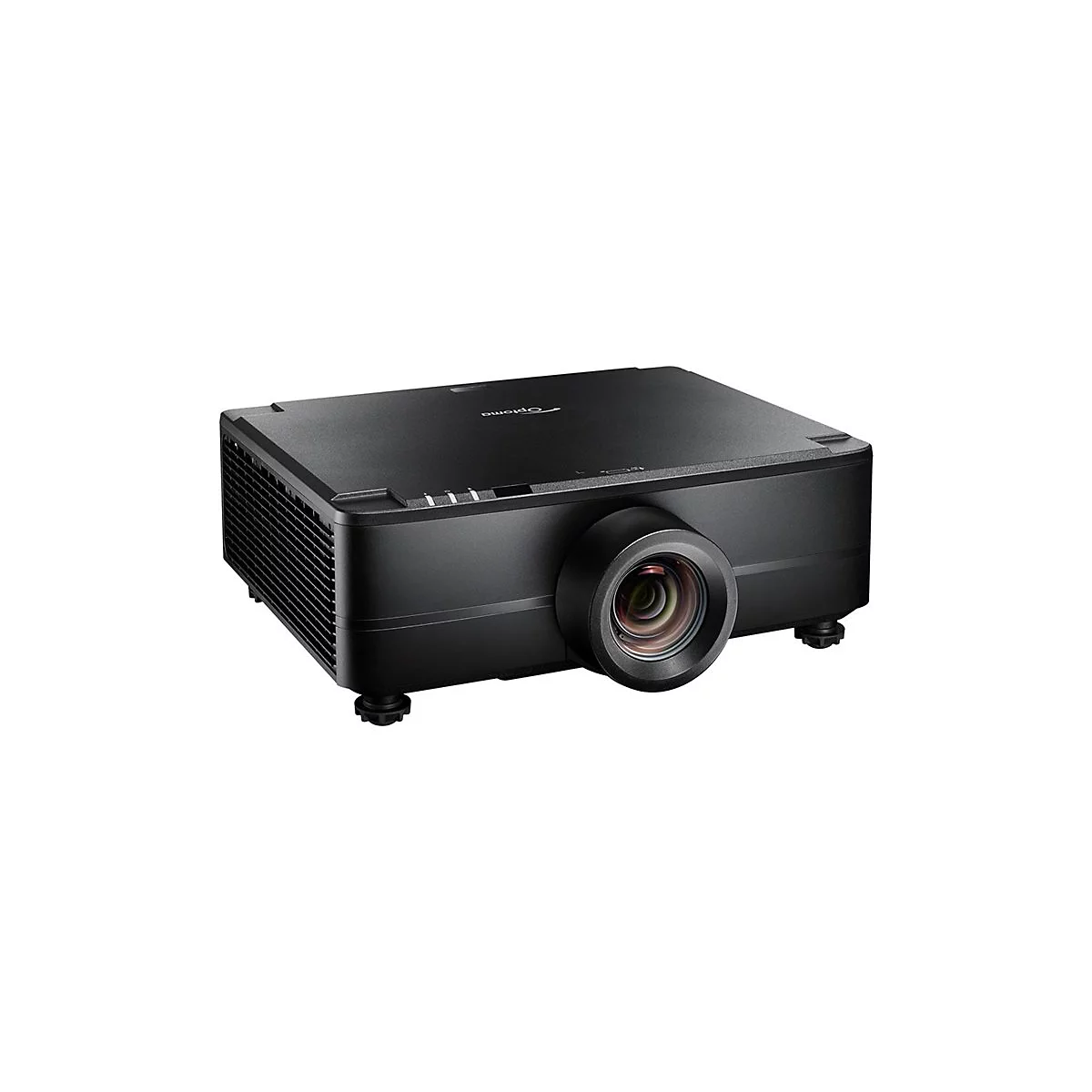 Projecteur noir avec logo Optoma, objectif et commandes, isolé sur fond blanc.