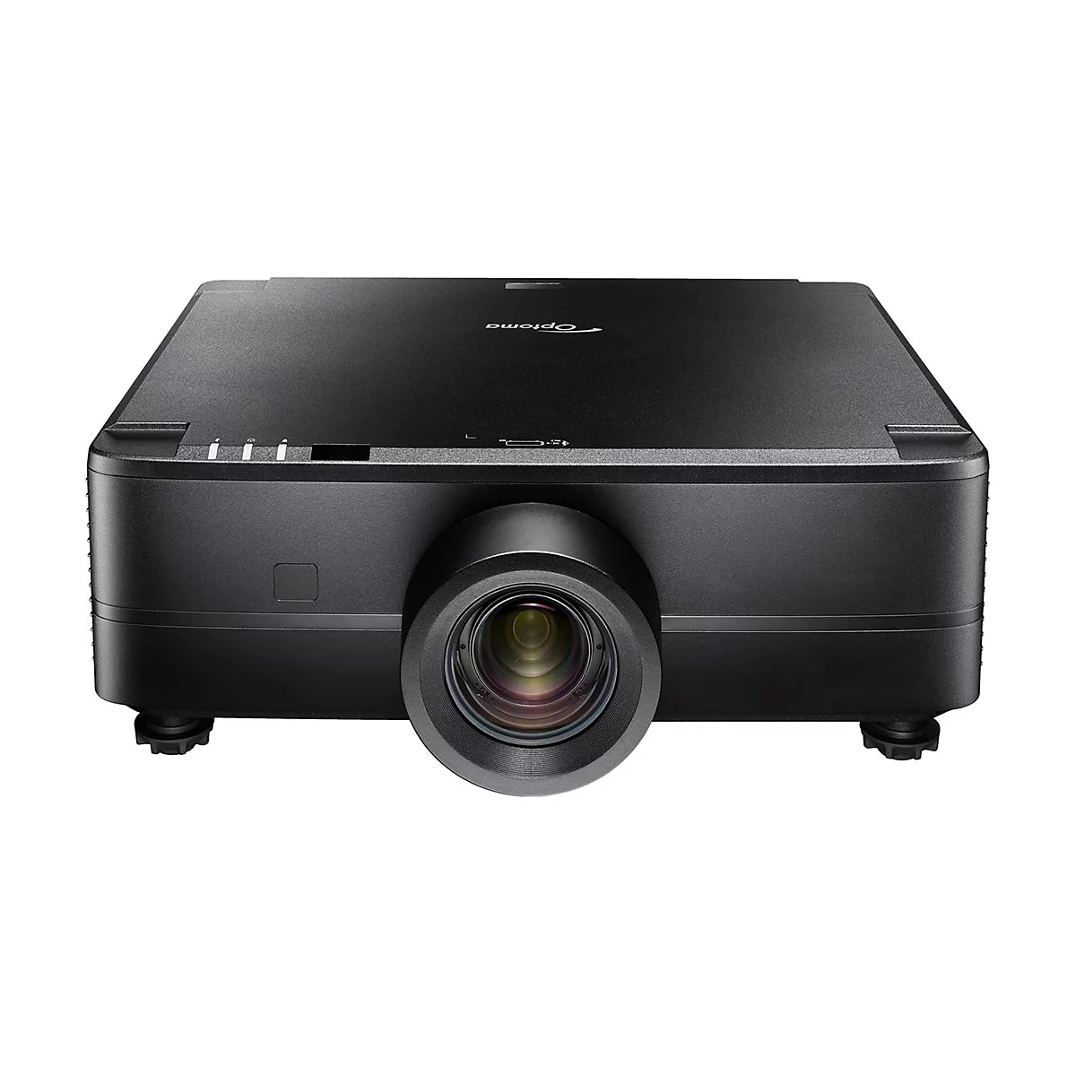 Projecteur Optoma noir, vue de face, objectif en focus.