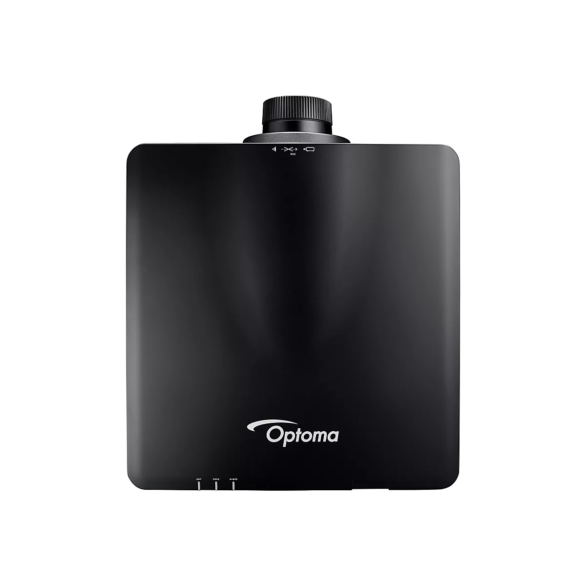 Schwarzer Optoma-Projektor vor weißem Hintergrund. Oben ist ein Objektiv, darunter das Optoma-Logo.