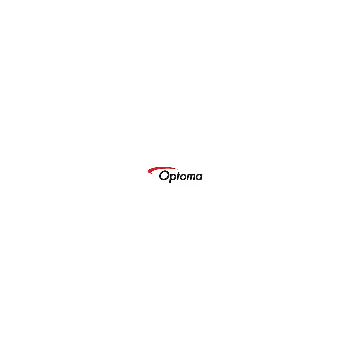 Optoma Logo: Schwarzer Schriftzug Optoma mit rotem Bogen darüber.