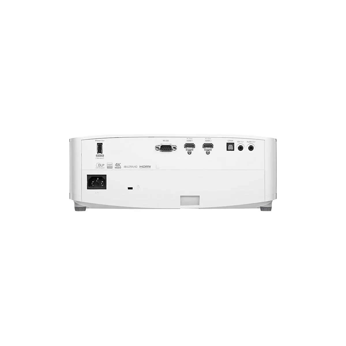 Arrière d'un projecteur blanc avec connexions pour l'alimentation, HDMI, audio et autres appareils.