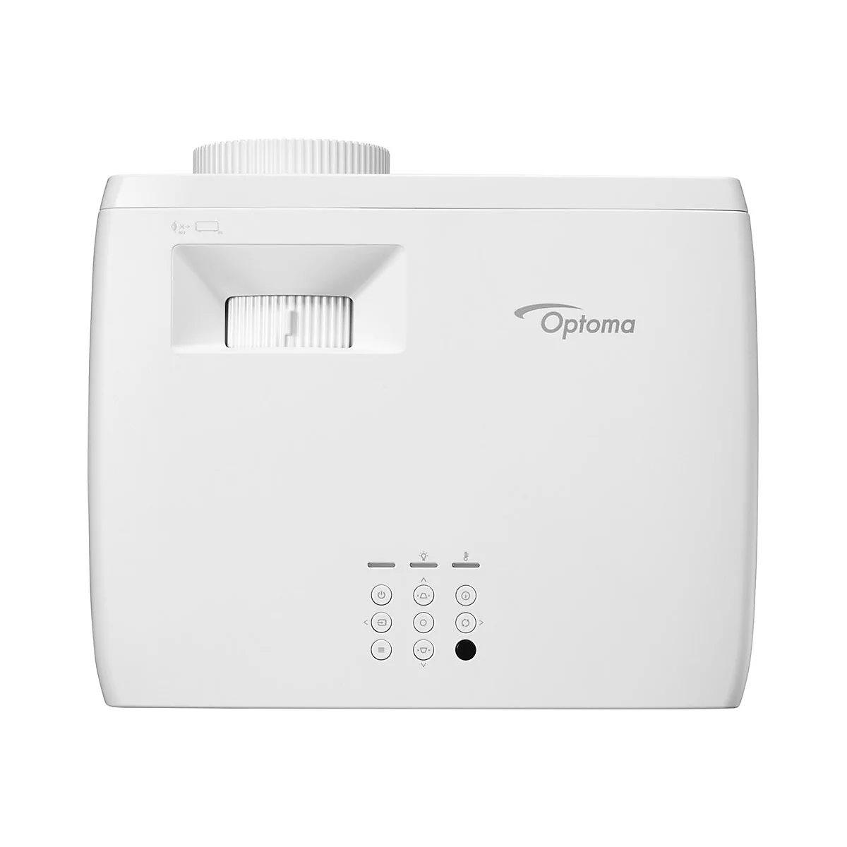 Projecteur Optoma blanc, vue de face. Zone de l'objectif en haut, en dessous les boutons de commande et le logo Optoma.