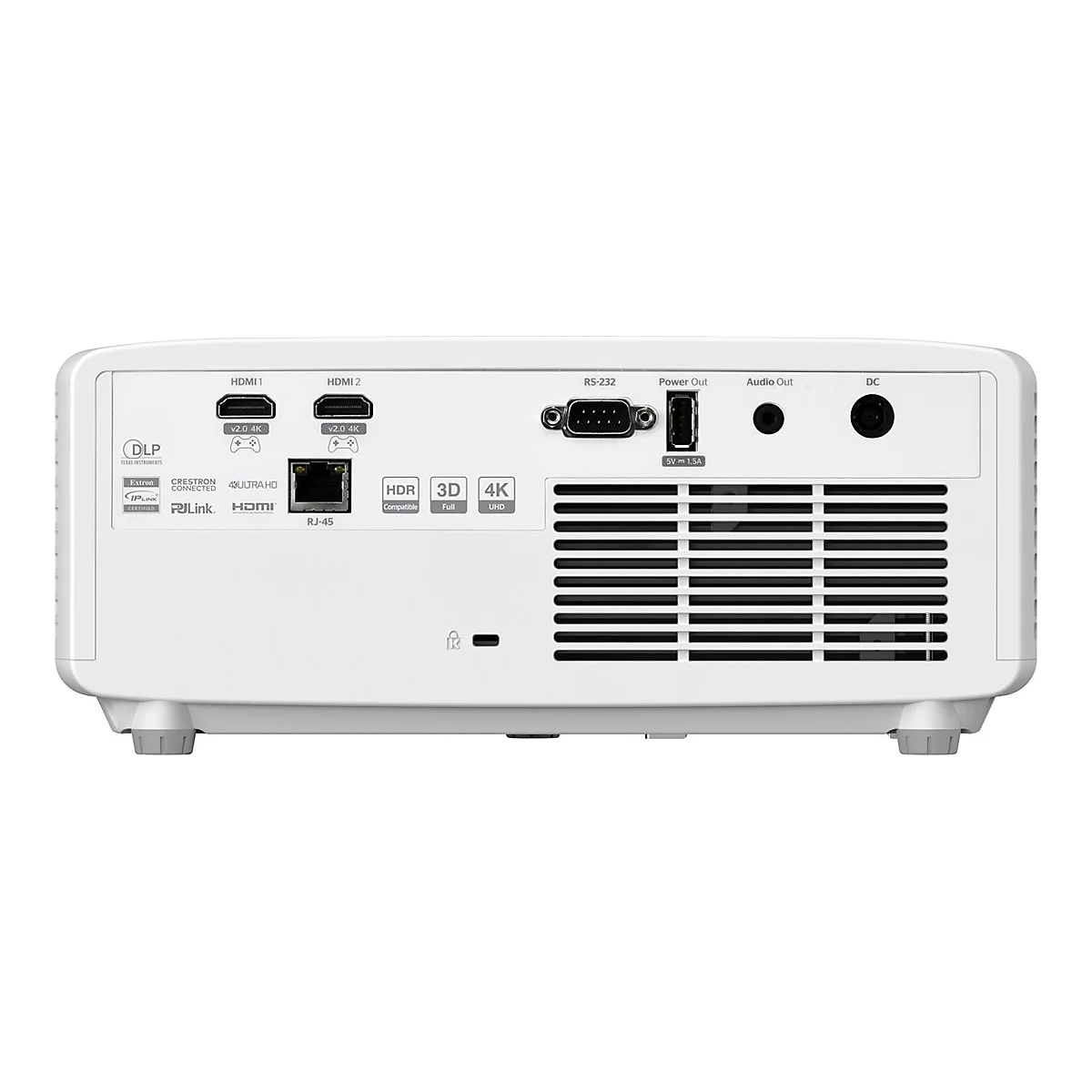 Dos d'un projecteur blanc avec connexions HDMI, RJ-45, alimentation, audio et plus encore.