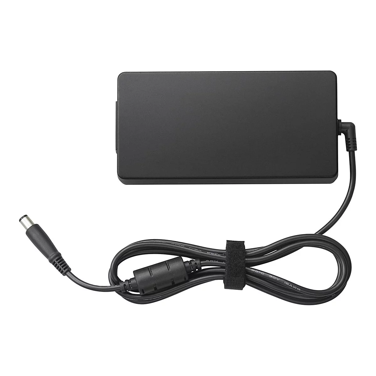 Adaptateur secteur pour ordinateur portable noir avec câble. Boîtier rectangulaire avec câble connecté, bouclé et fixé avec du velcro. Prise à gauche.