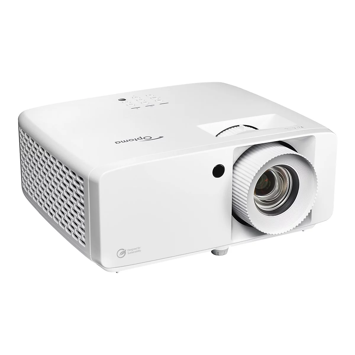 Projecteur blanc avec logo Optoma, lentille et ouvertures de ventilation, inscription 'Designed for Sustainability'.