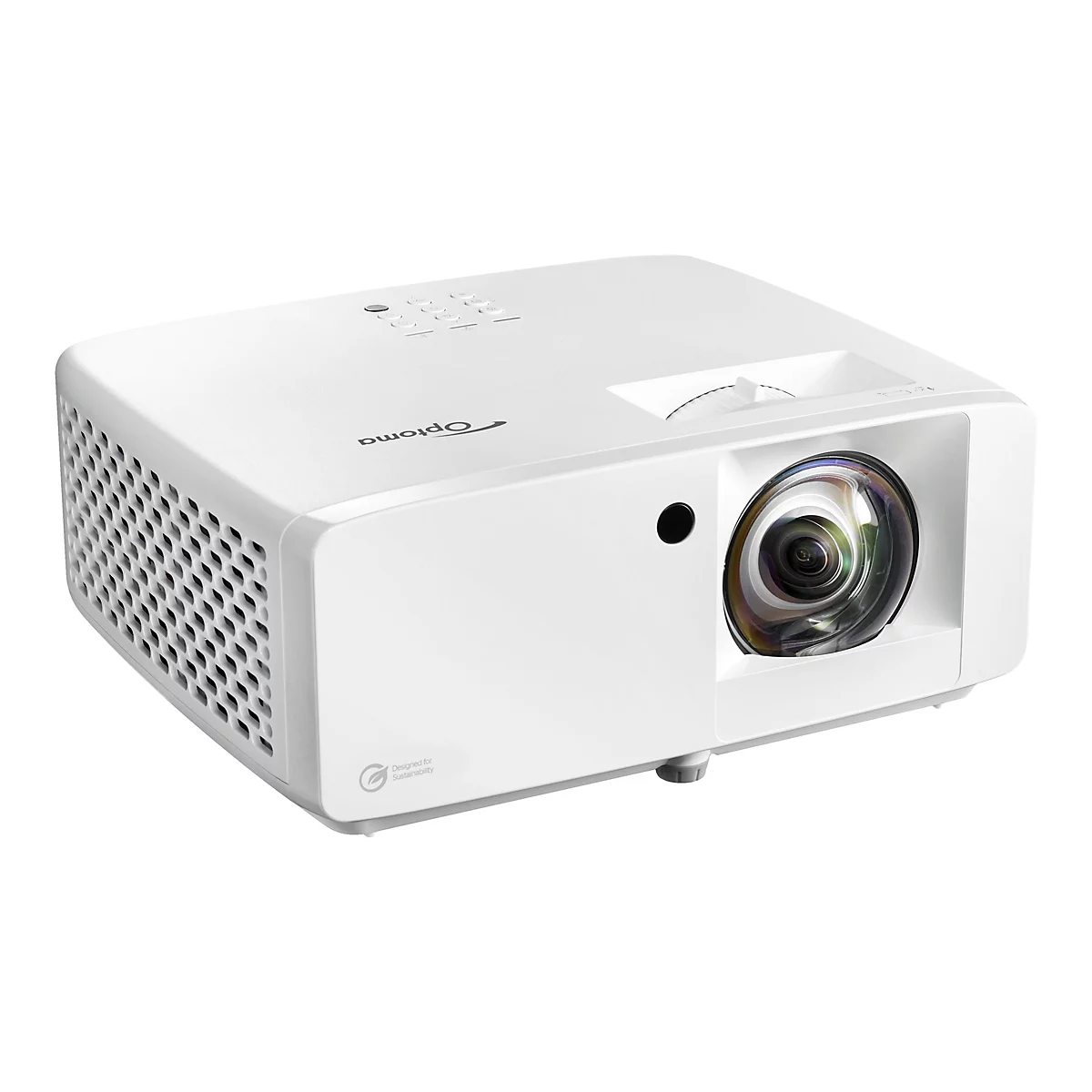 Projecteur Optoma blanc, vue de côté. Une lentille et des commandes sont visibles.